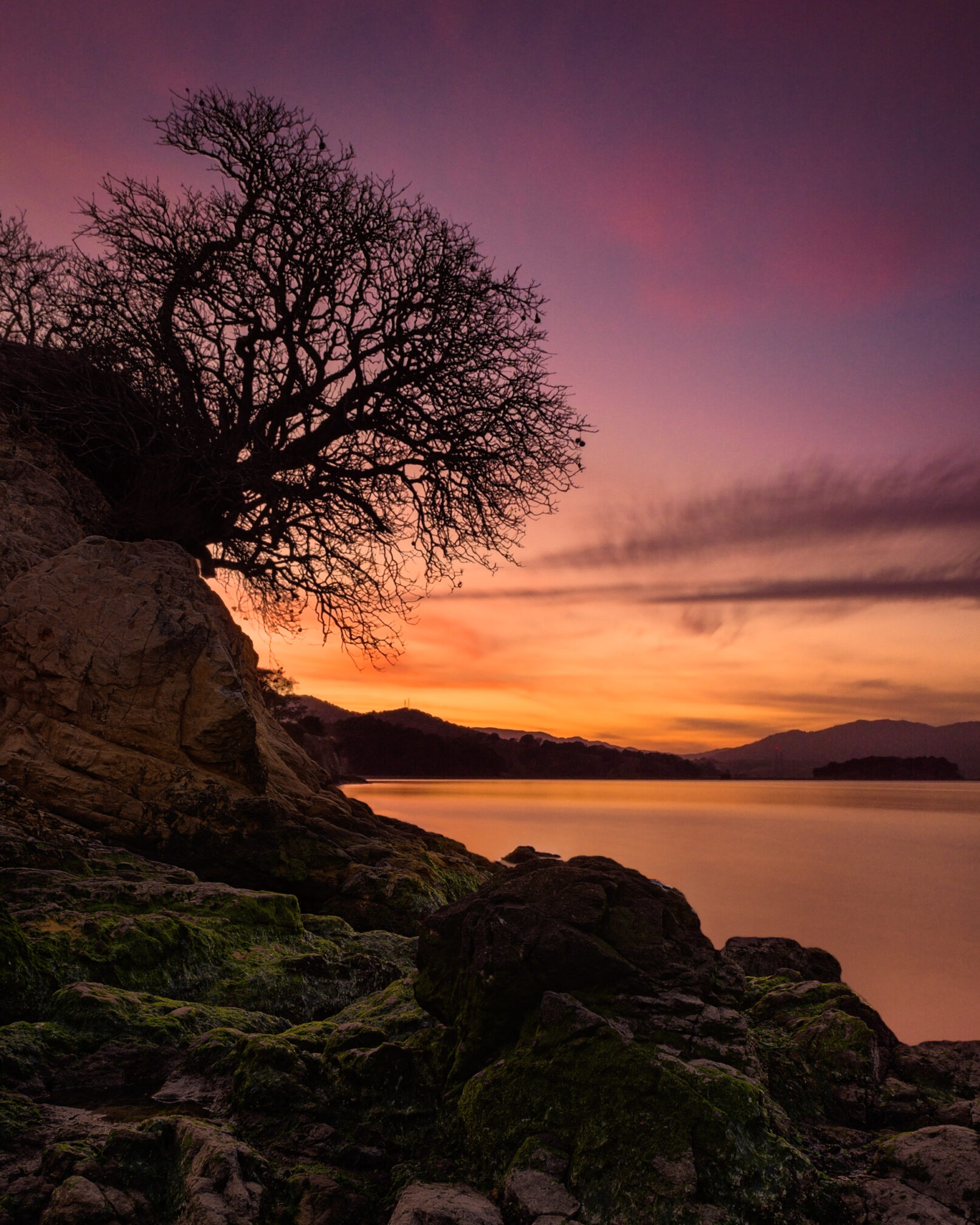 San Pablo Bay, California with rocks and sunset